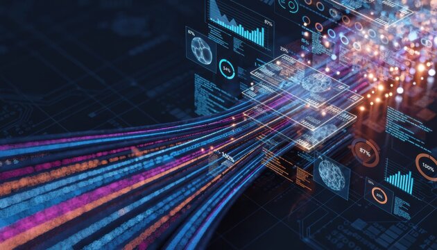 Digital data streams flowing into futuristic interface