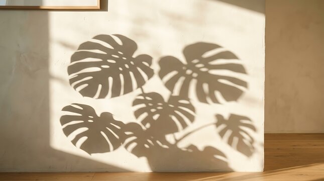 Monstera leaf shadow art displayed on light colored wall indoors