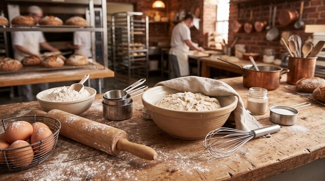 Fresh dough and baking ingredients in rustic artisan bakery