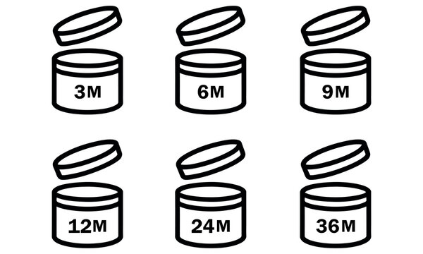 Period after opening symbols set with cosmetic jar icons for product expiration date labels.