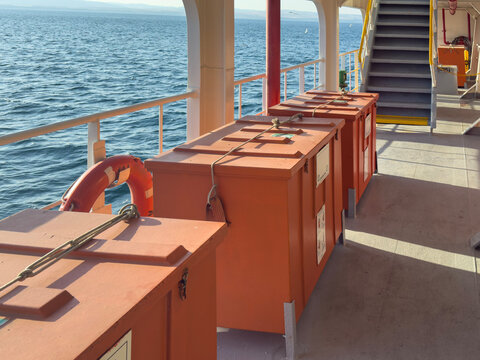 Life Jacket Boxes On Ferry Deck With Open Sea View