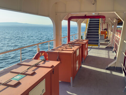 Life Jacket Boxes On Ferry Deck With Open Sea View