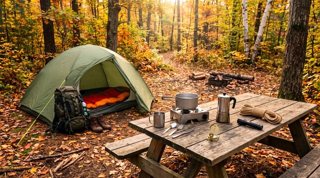 Camping tent and wooden picnic table in autumn forest