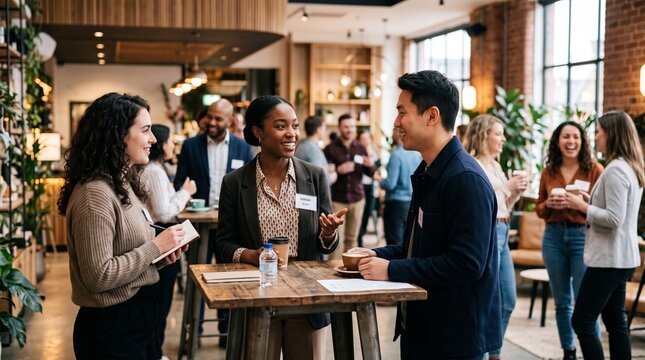 Diverse business professionals networking at corporate event, young entrepreneurs conversing in modern cafe conference hall