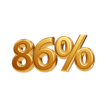 Shiny metallic gold 86 percent symbol rendered in 3D typography isolated on a solid black background isolated on a transparent background