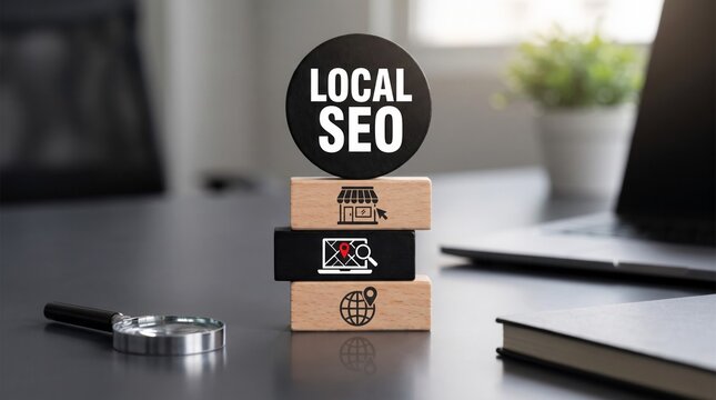 Local seo marketing strategy conceptualized with wooden blocks featuring icons on an office table