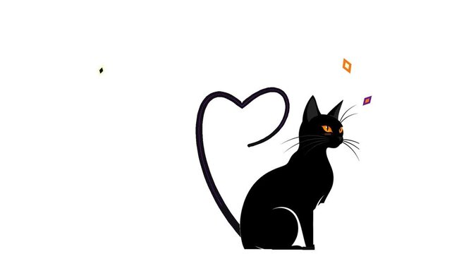 A Graceful Black Cat Sitting Under Floating Colorful Shapes