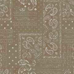 Olive Green Bandana Style Paisley Patchwork Background © Shuvo