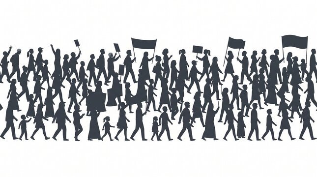 Diverse crowd of people marching with signs and flags in a protest or demonstration