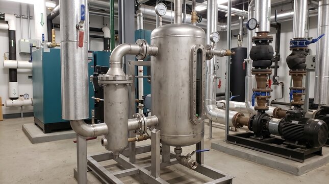 Industrial boiler room featuring complex stainless steel piping systems and heavy machinery equipment for heating and water distribution