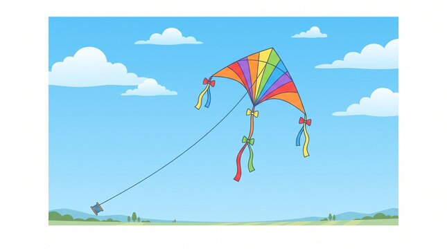 Colorful Rainbow Kite Flying High in a Bright Blue Sky with Fluffy Clouds and Green Hills Below