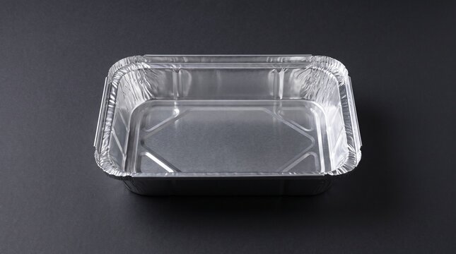 Empty rectangular aluminum foil container tray for food packaging and takeout on a dark background