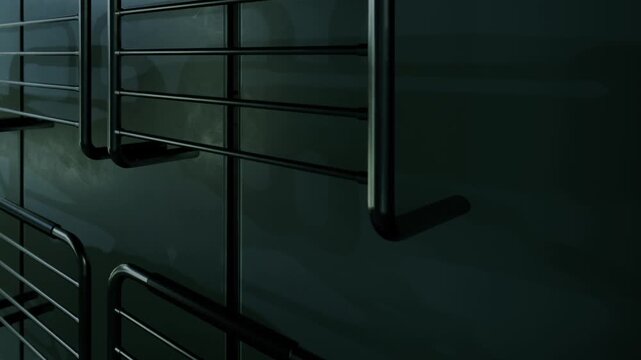Racks are attached to a dark wall in a storage area. The space has low light, showing the metal structure clearly. The setting is practical but lacks vibrant colors.