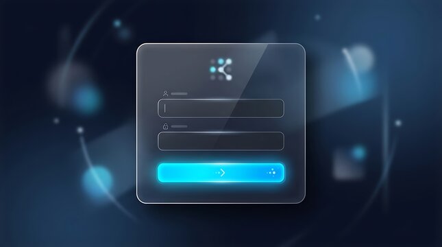 Glassmorphism login interface with glowing blue button on dark