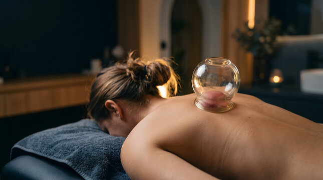 Young woman lying down receiving traditional cupping therapy on her back in a relaxing wellness spa room