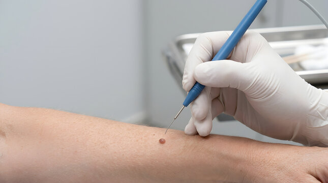Close-up of a professional dermatologist performing a mole removal procedure on a patient's skin