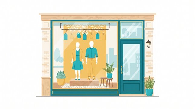 Modern Clothing Storefront Display with Mannequins and Fashionable Apparel