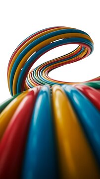 Close‑up of colorful cables twisted in spiral formation on white background representing technology connectivity and modern design