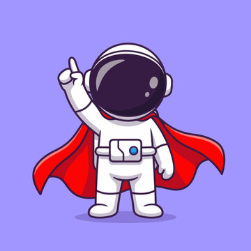 Cute astronaut superhero wearing red cape pointing up vector illustration. Strong spaceman leader hero concept icon in flat cartoon style isolated on background.