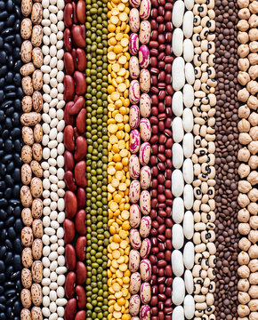Beans, lentils, and assorted dried grains, arranged in vertical stripes