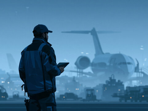 Airport aircraft maintenance: a test technician, seen from behind, checking aircraft data. Ai generative