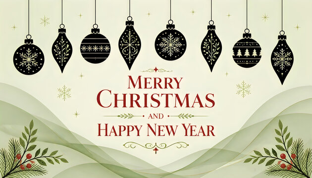 Elegant christmas ornaments hanging with festive greenery for seasonal marketing.