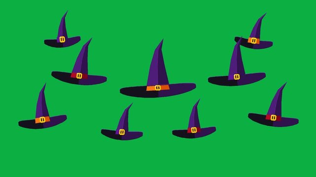 Floating Purple Witch Hats on a Green Screen Background