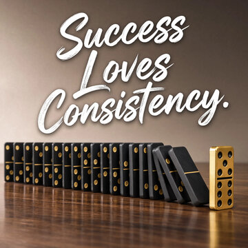 Inspirational motivational quote success loves consistency written above falling dominoes on table