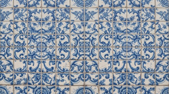 Generated with AI, Portuguese azulejo ceramic tile pattern featuring blue and white angel ornaments, dense antique porcelain wall texture.