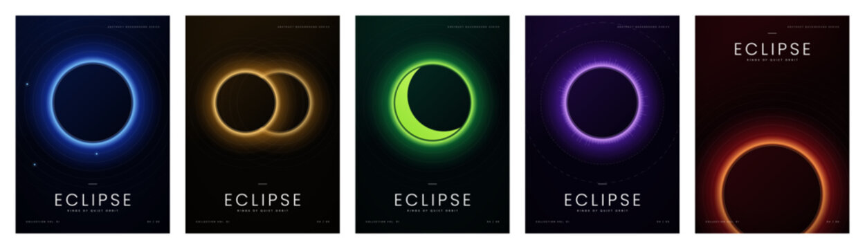 Cosmic solar eclipse cover templates set. Vector vertical poster and brochure layouts with glowing neon corona rings, lunar crescent moons and dark space backgrounds