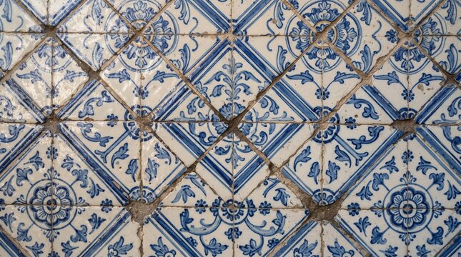 Traditional Portuguese ceramic azulejo tile texture with classic blue floral patterns on a white background, arranged in a symmetrical geometric pattern.