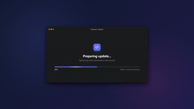 Computer software system update progress bar interface animation with success message on dark background