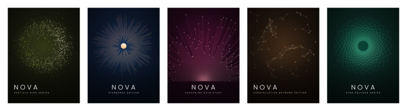 Cosmic nova starburst abstract cover templates set. Vector vertical poster and brochure layouts with glowing particle stardust, star constellations and dark galaxy backgrounds