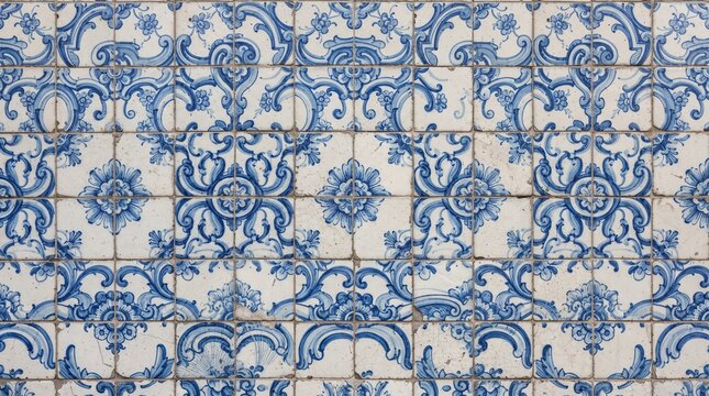 Portuguese ceramic tile wall with a symmetrical arrangement of classic blue flora patterns.