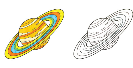 Saturn Planet with Rings in Space Coloring Page and Colorful Astronomy Vector Illustration for Kids Science Activity © MstTabassum