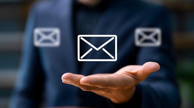 A person in a dark suit holds a glowing email icon in their open palm  with two similar icons floating in the background
