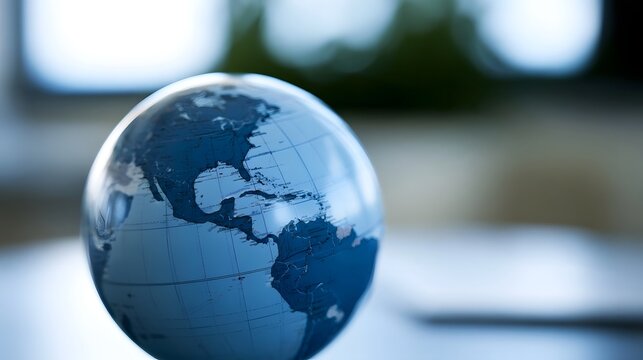 A blue globe with continents and grid lines  resting on a surface with blurred background elements