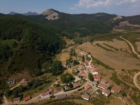 Spanish mountain village and rural landscape aerial view