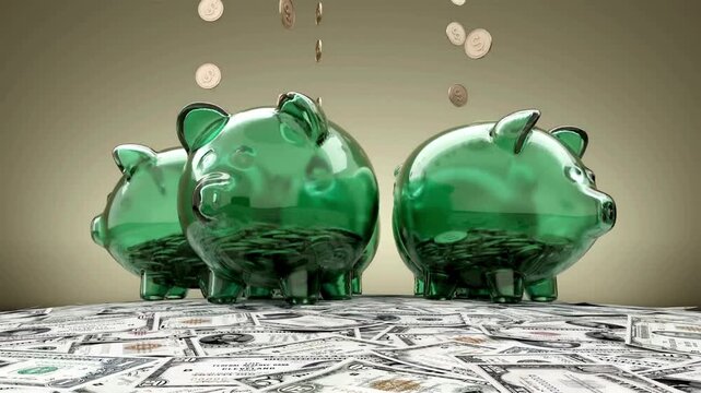 3D Glass Piggy Banks Filling with Falling Gold Coins on Dollar Bills Savings Animation