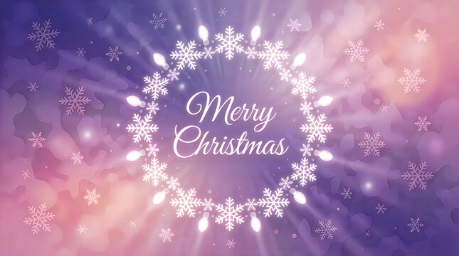 Merry christmas text in snowflake wreath with glowing lights on purple sky.