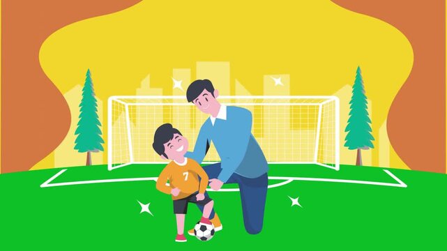 Father coaching son playing soccer on green field in front of goal flat design animation