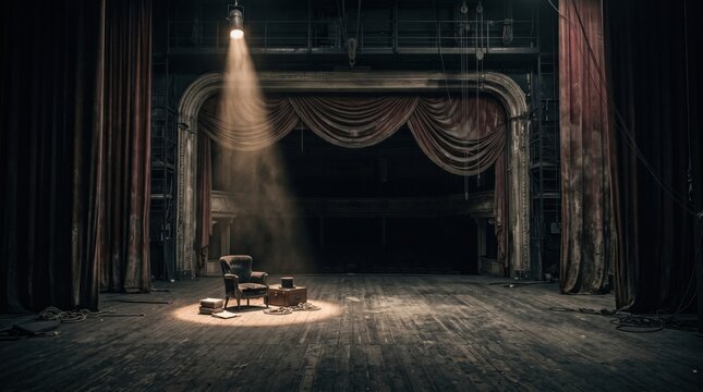 An armchair, small suitcase, and books sit on a worn wooden stage under a spotlight in an old theater