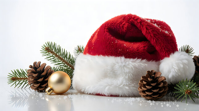 Red Santa hat with golden ornament and pine cones for Christmas decoration.