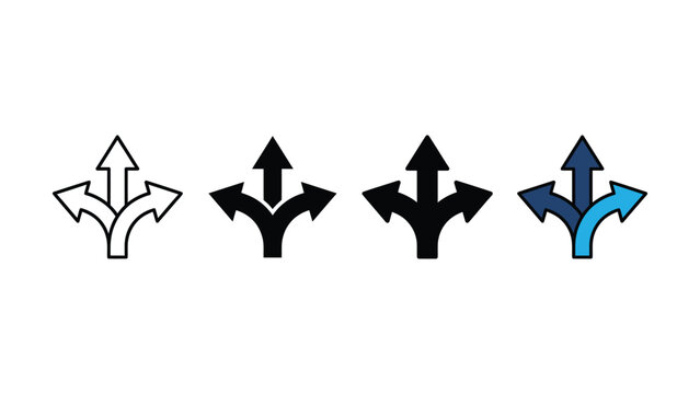 Set of four different style arrow icons showing three directions split path