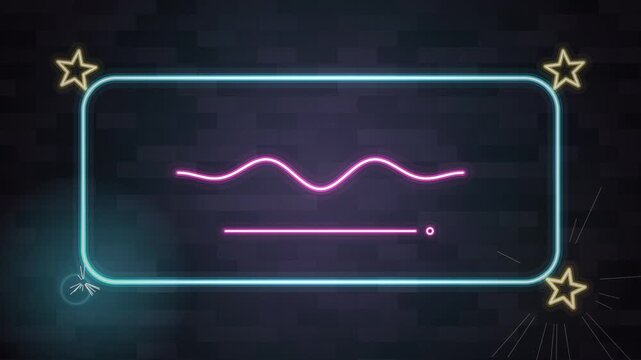 Neon glowing wavy line in rectangular frame on dark brick background
