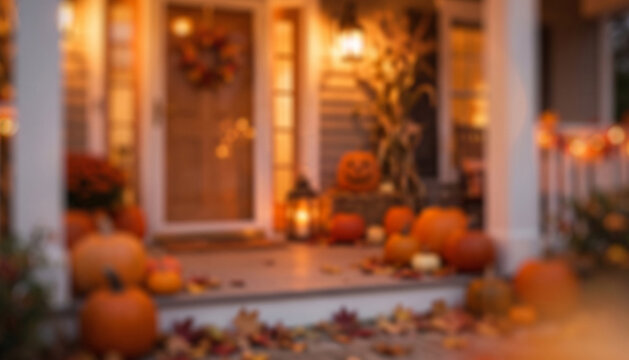 Cozy Halloween porch background with pumpkins, autumn decorations, and warm lighting, fully softened with Gaussian blur for a dreamy seasonal backdrop.