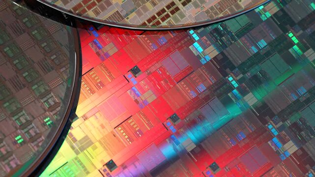 High-tech Macro Photography of a Colorful Silicon Wafer with Microchip Patterns for AI Hardware and Semiconductor Industry Concept.