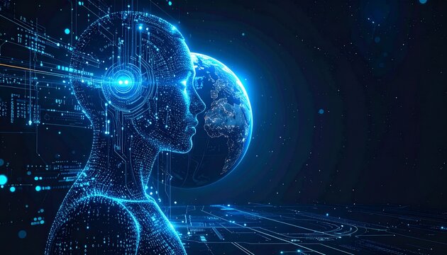 Artificial intelligence humanoid and Earth globe with digital network connections