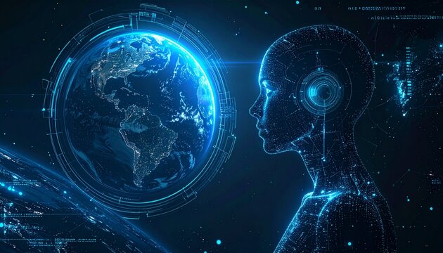 Artificial intelligence humanoid and Earth globe with digital network connections