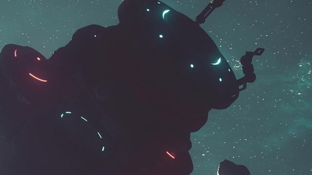 A large robot figure is visible in silhouette against a backdrop of stars. The robot has glowing lights on its body. The scene takes place at night with clear visibility of stars.